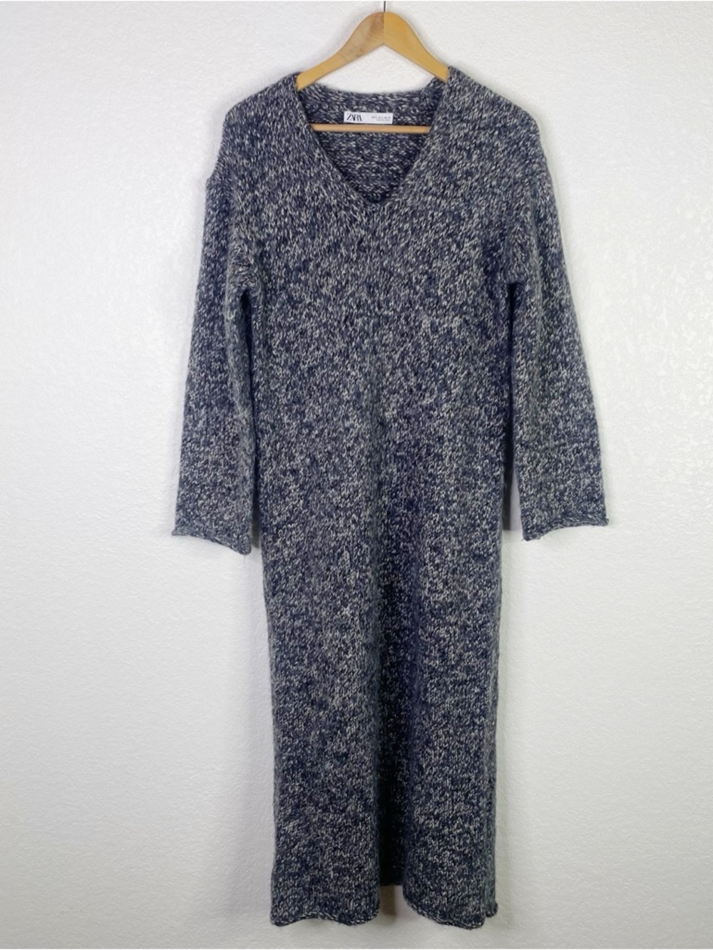 Zara Blue Acrylic Alpaca Blend Knit Long Sleeve Maxi Dress